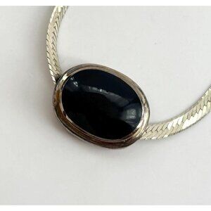 Danecraft Black Onyx Herringbone Sterling Silver Vintage Pendant Necklace - 18"